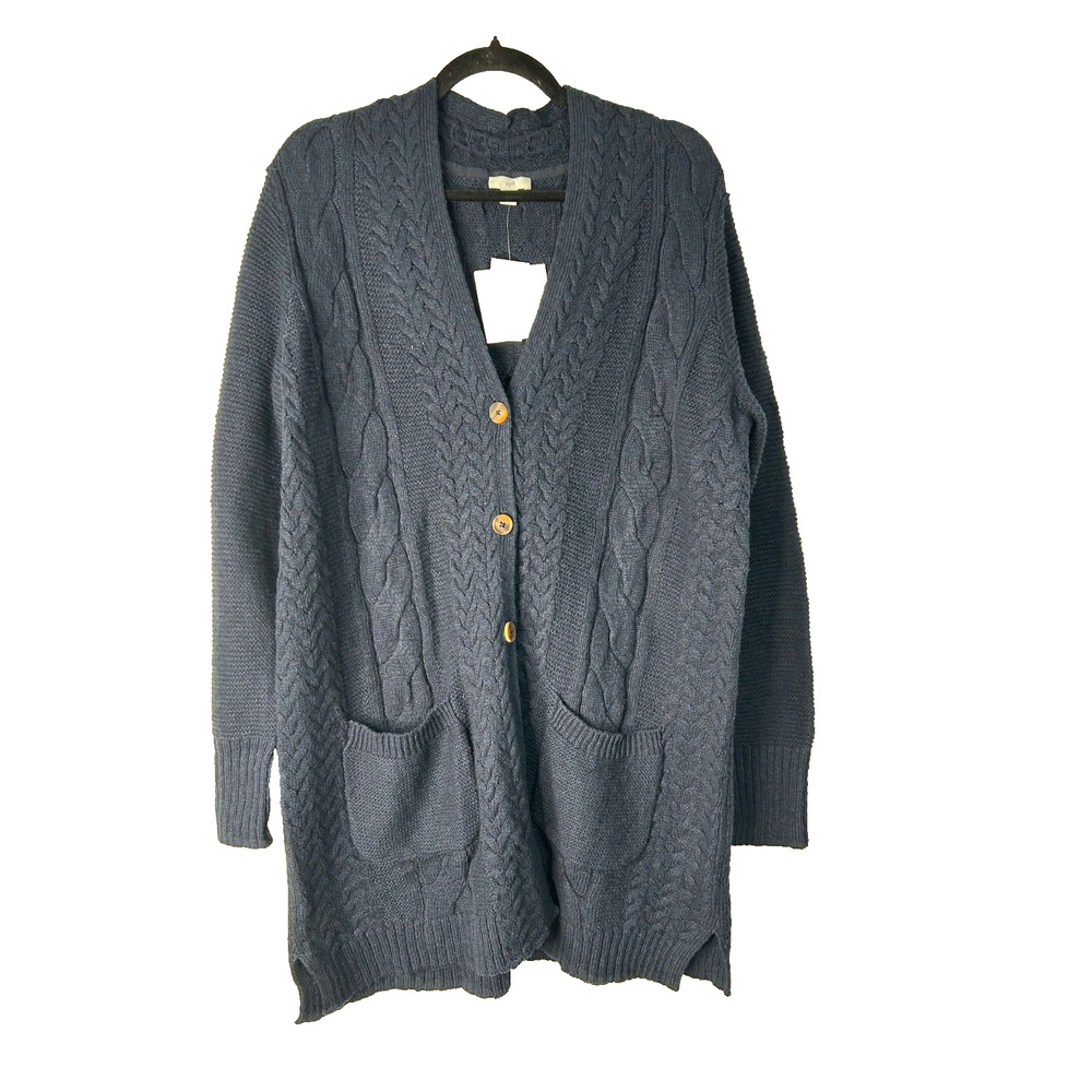 J Jill Sweater Cardigan Size M Tall Navy Blue Chunky Cable Knit Fisherman Granny
